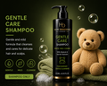 Hair Obsessed Gentle Care Shampoo bottle with a teddy bear on a dark background
