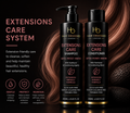 Hair Obsessed Extensions Care Shampoo and Conditioner bottles with text on a dark background