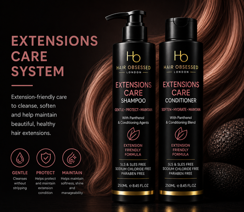Hair Obsessed Extensions Care Shampoo and Conditioner bottles with text on a dark background