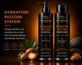 Hair Obsessed London Hydration Restore Shampoo and Conditioner bottles with ingredients on a dark background