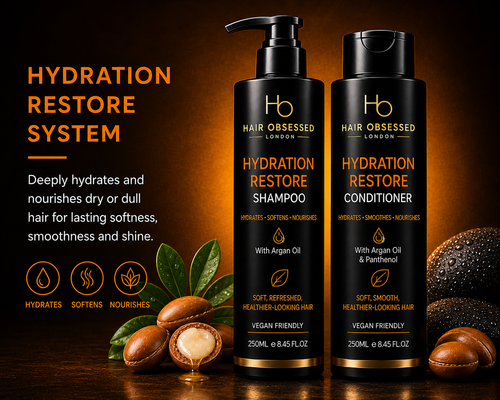 Hair Obsessed London Hydration Restore Shampoo and Conditioner bottles with ingredients on a dark background