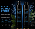 Hair Obsessed Scalp Defence Shampoo and Conditioner bottles with product details on a dark background.