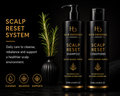 Hair Obsessed Scalp Reset Shampoo and Conditioner bottles with plant on a dark background